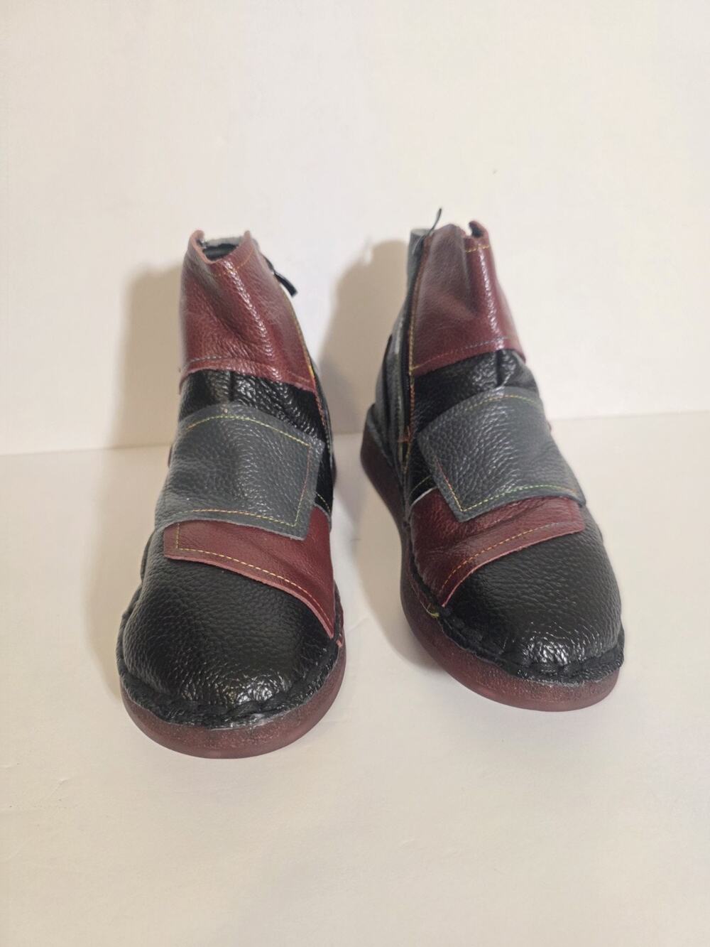 Women's Leather Patchwork Ankle Boots JP 25.5 US 9 Black Burgundy Comfort